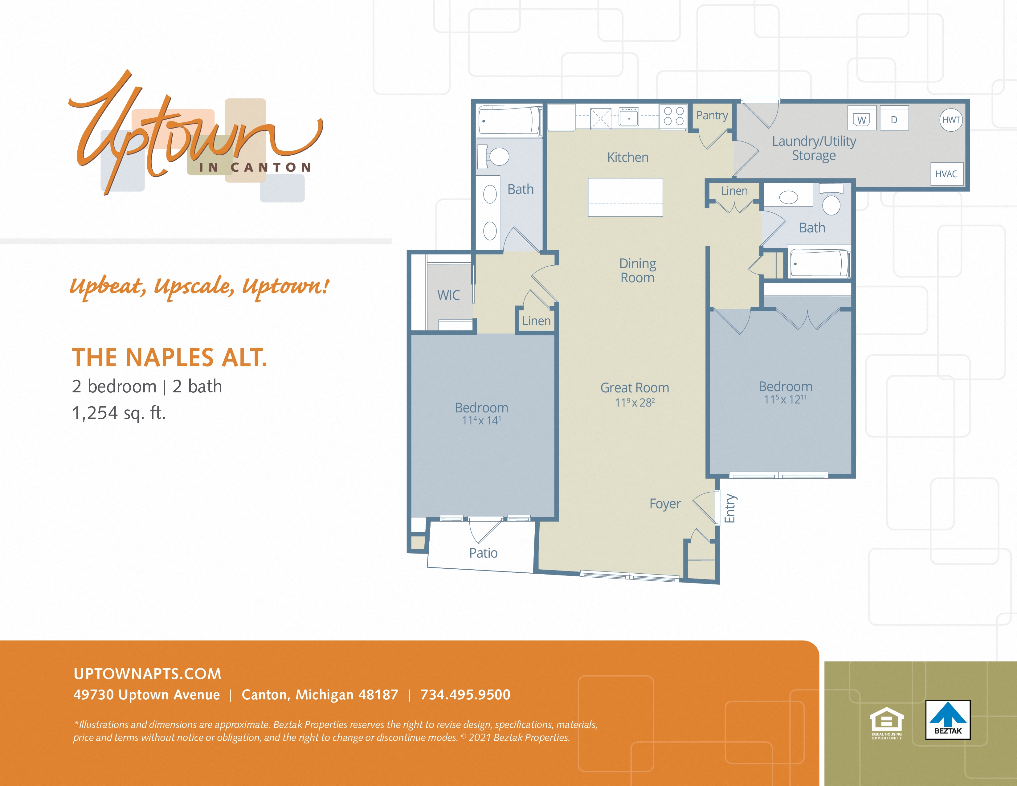 Floor plan for 2 beds, 2 baths, 1254 sqft